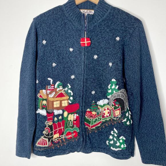 Vintage Y2K Christmas Embroidered Novelty Holiday Zip Up Cardigan Ugly Sweater S - Picture 1 of 7